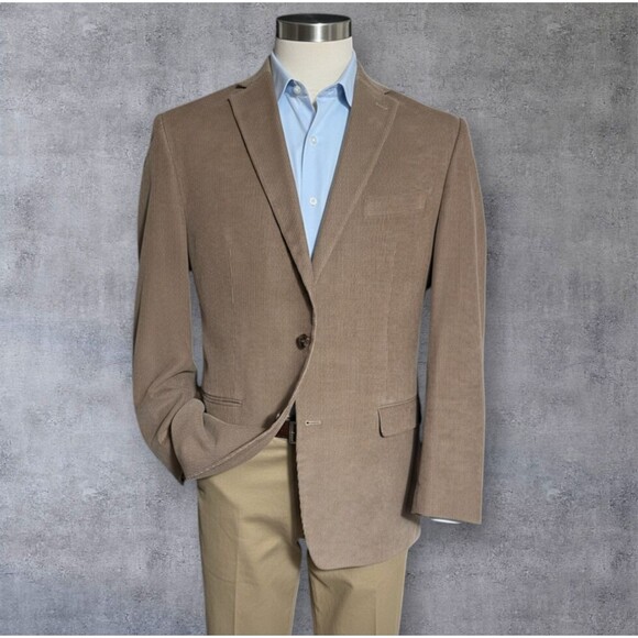 CHAPS Men's 44L Corduroy Blazer Tan Brown Sport Coat 2-Button Jacket Cotton